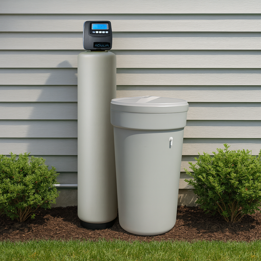 Water softener system with a digital display on a house exterior.