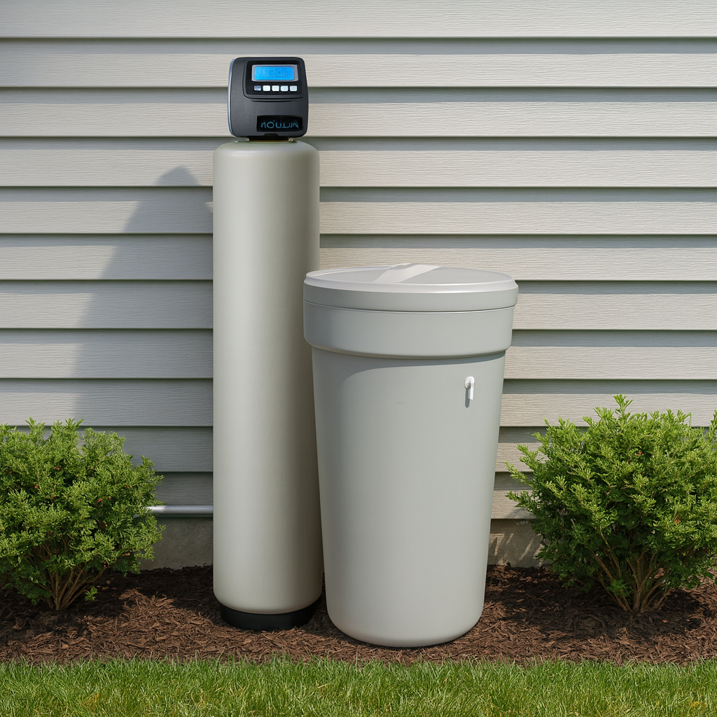 Water softener system with a digital display on a house exterior.
